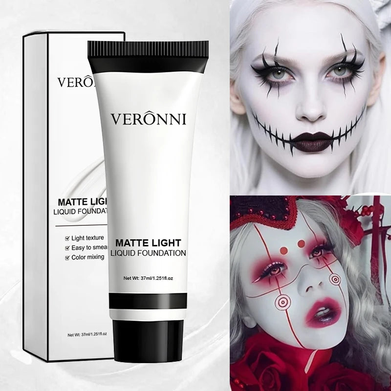 VERONNI Pure White Face & Body Paint Foundation – Halloween Clown, Ghost & Cosplay Costume Makeup Adjuster (37ml, All Skin Ty