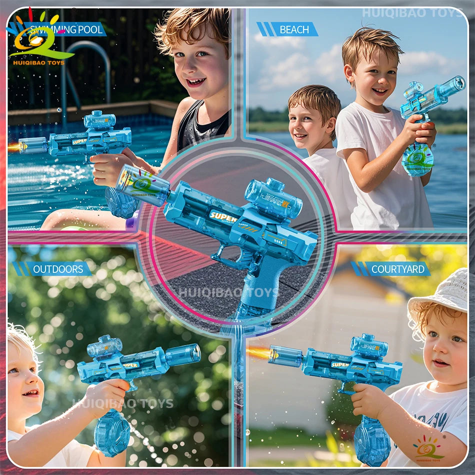 HUIQIBAO Electric Pulse Water Gun – Automatic Burst Fire, LED Flash, 8M Range, USB-C Rechargeable