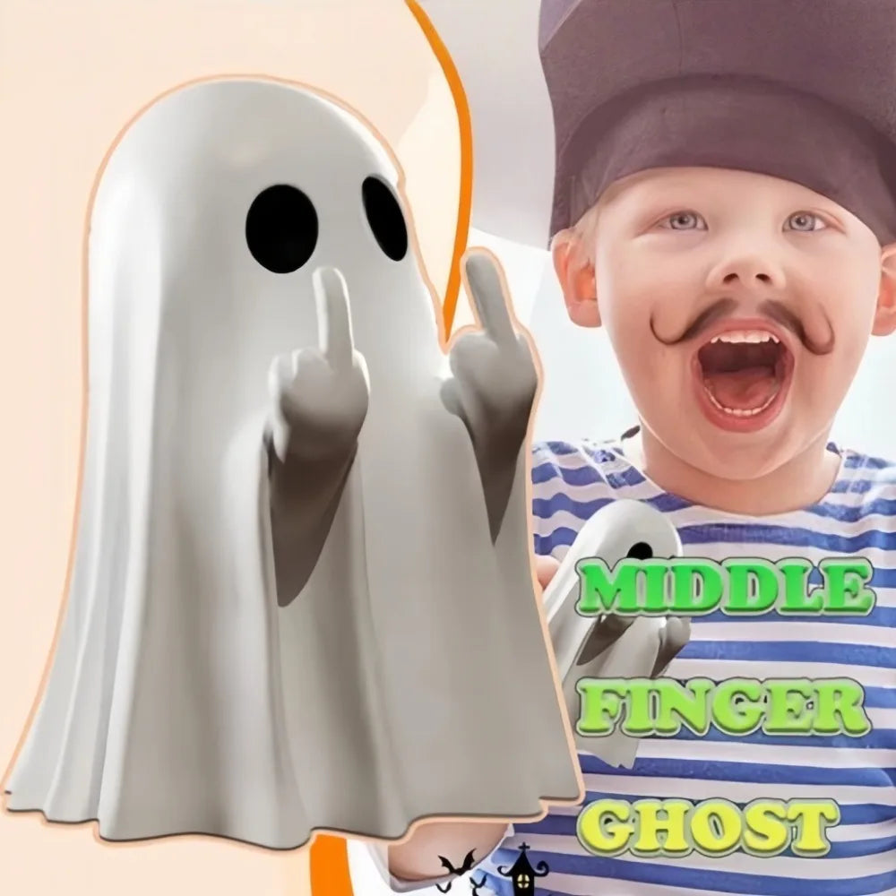 Alternate view of small ghost resin statue with middle finger.