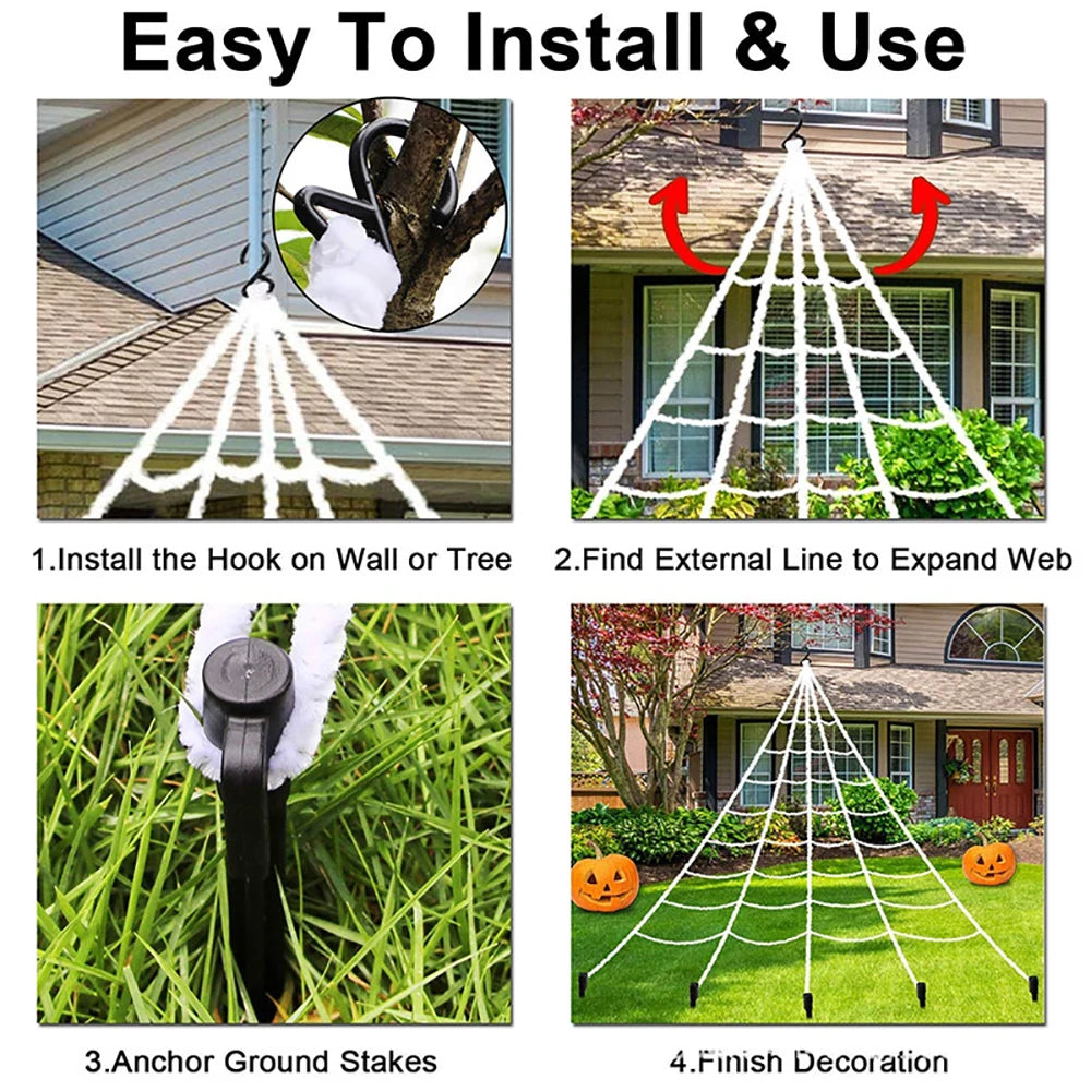 Halloween 5m Giant Plush Triangle Spider Web Decoration – Indoor & Outdoor Haunted Yard Prop (Black or White)