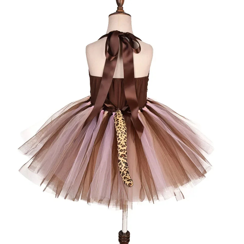 Girls’ Animal Print Tutu Costume Dress – Forest Theme Halloween Cosplay & Dance Performance Set for Kids