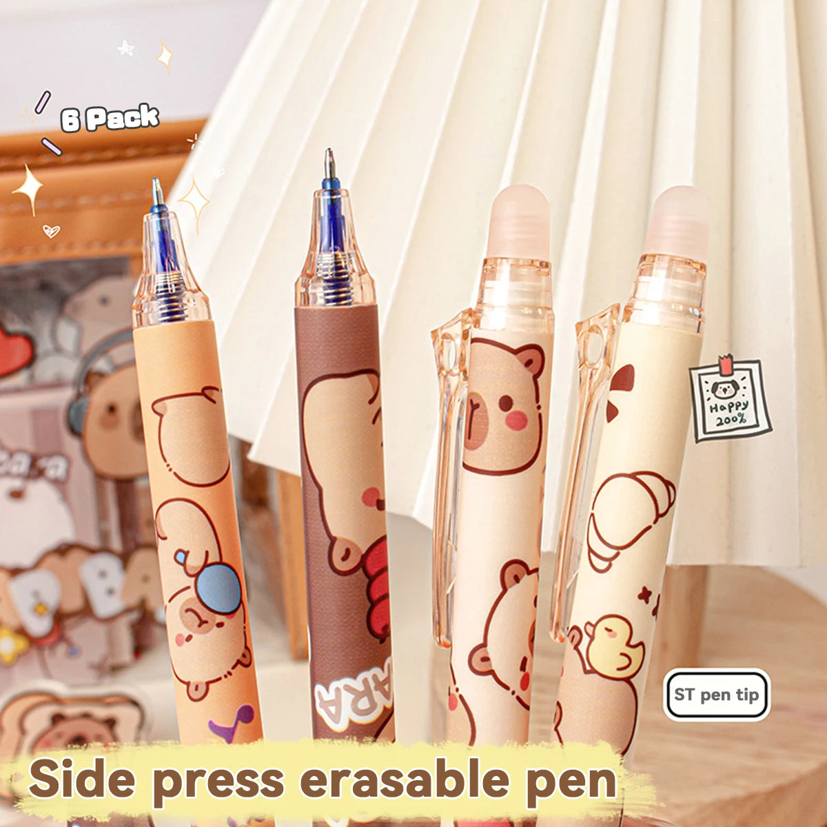 Capybara Erasable Refillable Gel Pens – Smudge-Free 0.5mm Cute Animal Stationery for Students & Office (5- or 6-Pack)