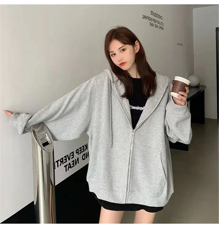 Korean Fashion Zipper Hood Sweatshirt Women Autumn Long Sleeve Tops Casual Y2K Hoodies Streetwear Harajuku Loose Jackets Coat