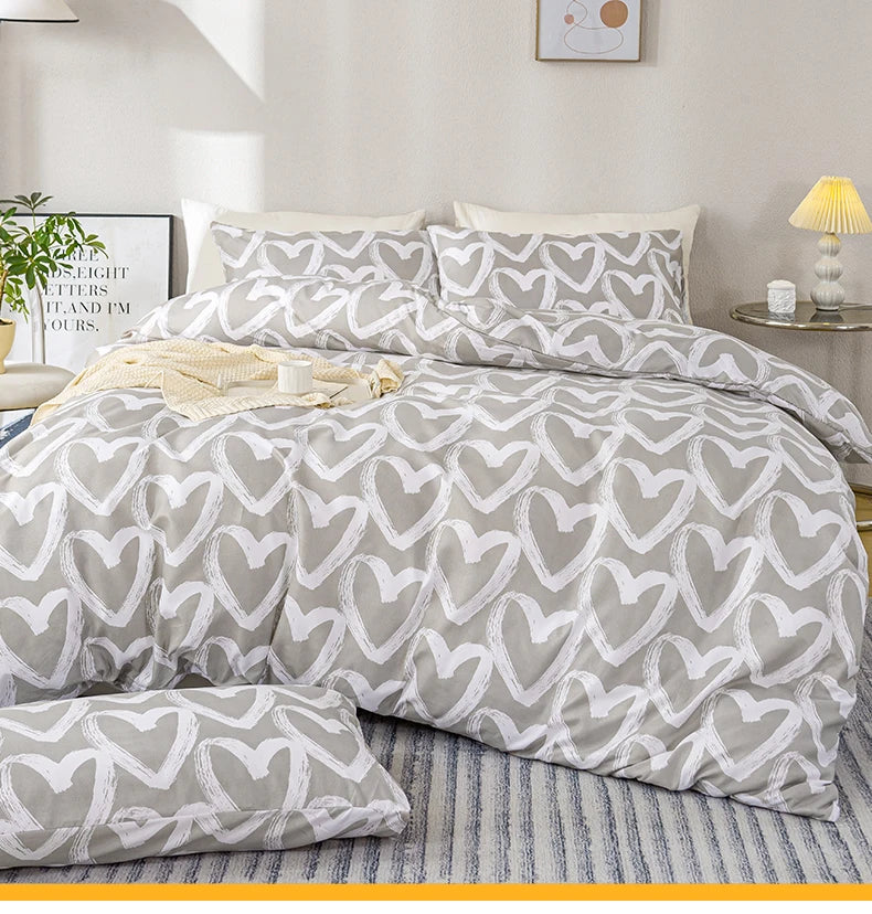 3pcs/set Heart Print Duvet Cover Set - Blue & Gray(1 Duvet Cover & 2 Pillowcase?Soft And Skin-Friendly Duvet Cover Bedding Se