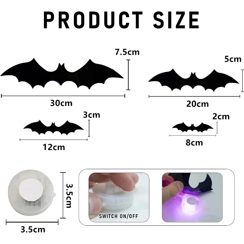 3D LED Bat Wall Decal Night Lights – 12 or 24pc Stereoscopic Bat Stickers for Halloween Party & Festival Decoration