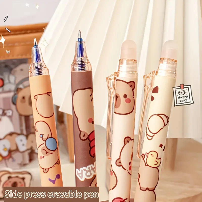 Capybara Erasable Retractable Gel Pens – 6pcs in 6 Colours, 0.5mm Quick-Dry Smooth Writing for School & Office