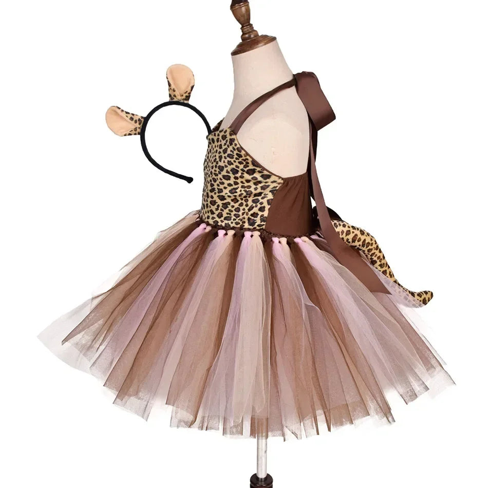Girls’ Animal Print Tutu Costume Dress – Forest Theme Halloween Cosplay & Dance Performance Set for Kids