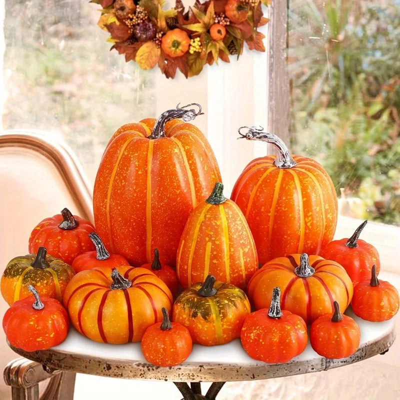 7pcs Artificial Foam Pumpkin Set – Fake Orange Pumpkins for Halloween, Harvest & Fall Table Decor