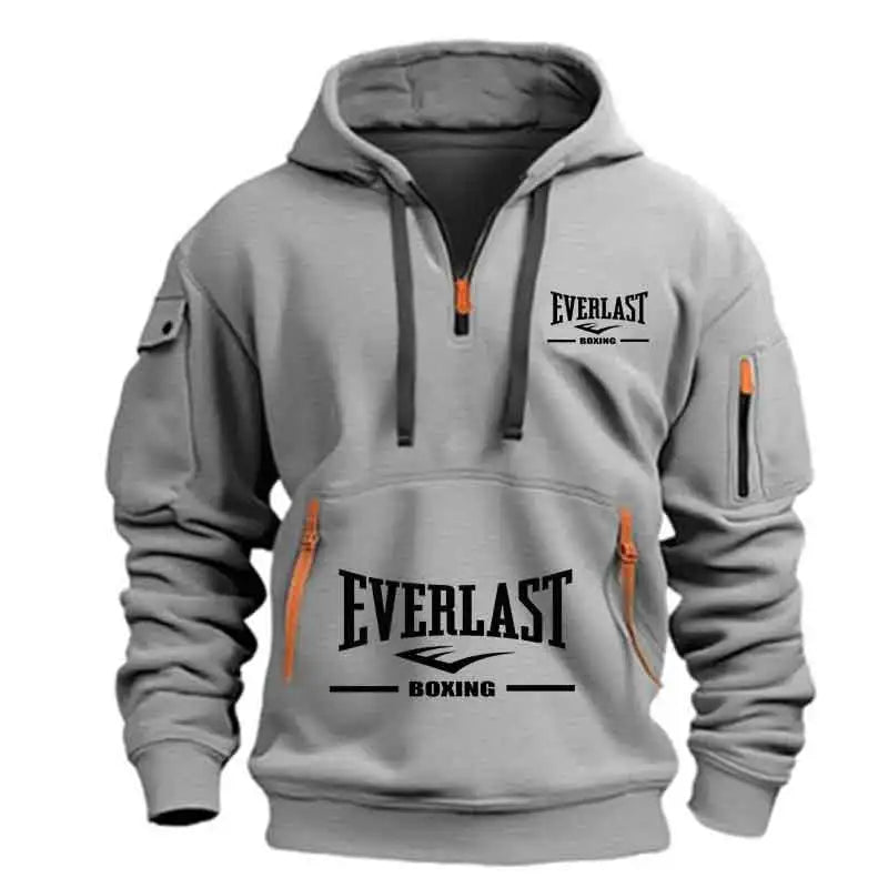Men's Fashion Casual Hoodie Multi-pocket Sports Long-sleeve Sweatshirt Up Down Print Warm Half Zip Hooded Fitness Pullover Go
