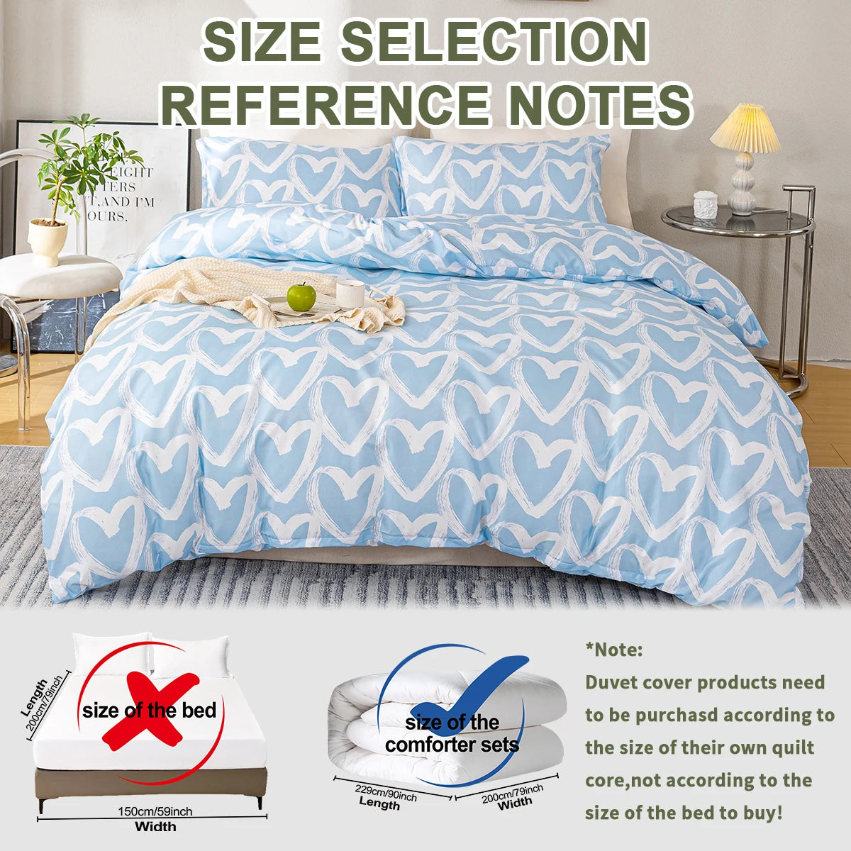 3pcs/set Heart Print Duvet Cover Set - Blue & Gray(1 Duvet Cover & 2 Pillowcase?Soft And Skin-Friendly Duvet Cover Bedding Se