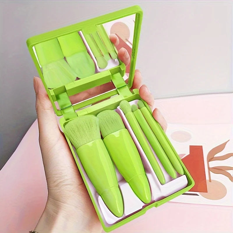 5-Piece Portable Travel Makeup Brush Set with Mirror – Compact Beauty Kit