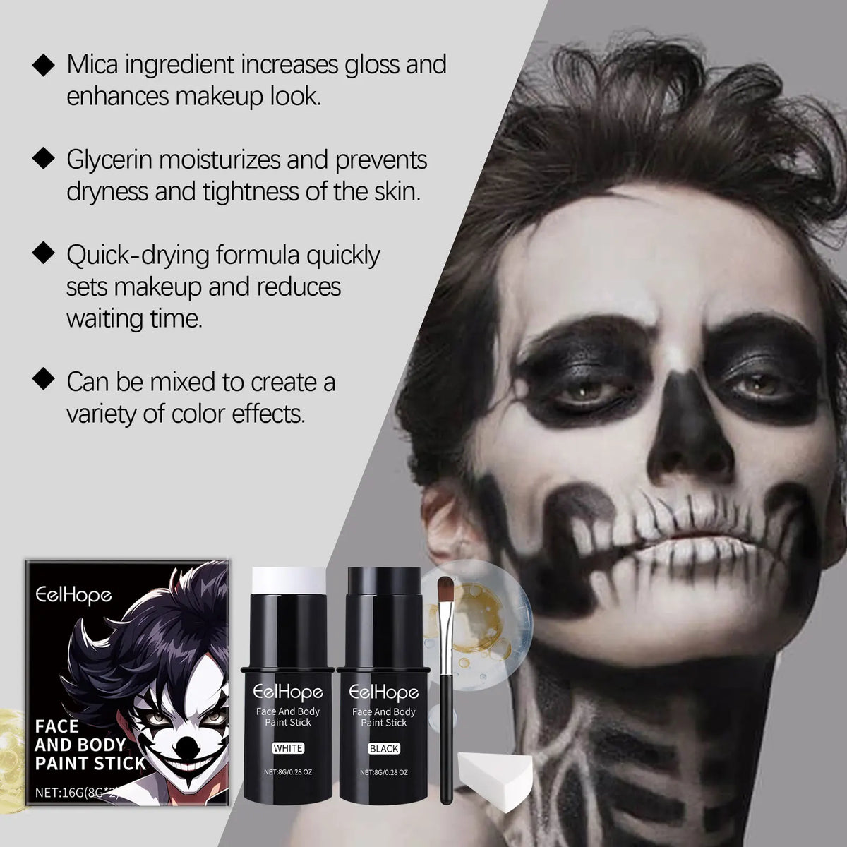 Halloween Black & White Face & Body Paint Kit – Waterproof Full-Coverage Clown & Joker Makeup Set