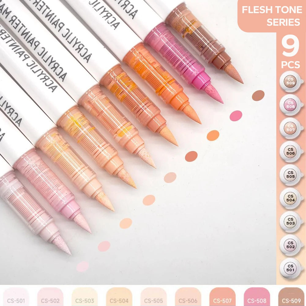 Acrylic Brush Marker Set – 9-Colour Pro Palette Series with Automatic Ink Control for Illustration & Fine Art (9 Series Available)