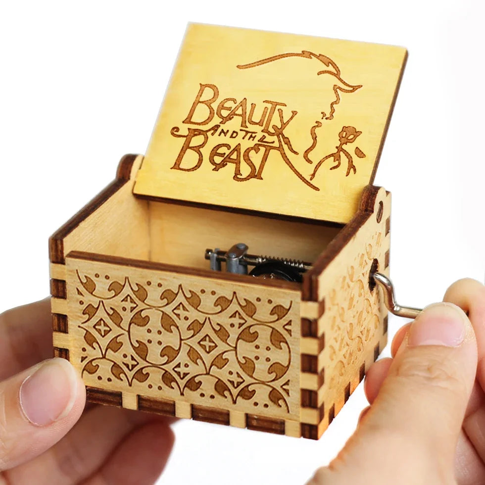 Antique Carved Wooden Hand Crank Music Box – Extended Song Collection with Halloween & Classic Themes