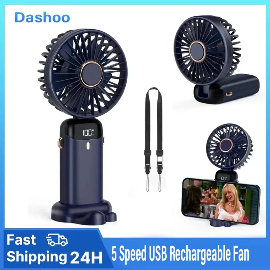Folding Fan with Phone Stand, 5-Speed USB-C Rechargeable, LED Display Handheld & Desk Fan, Portable Fan for Outdoor Travel Gi