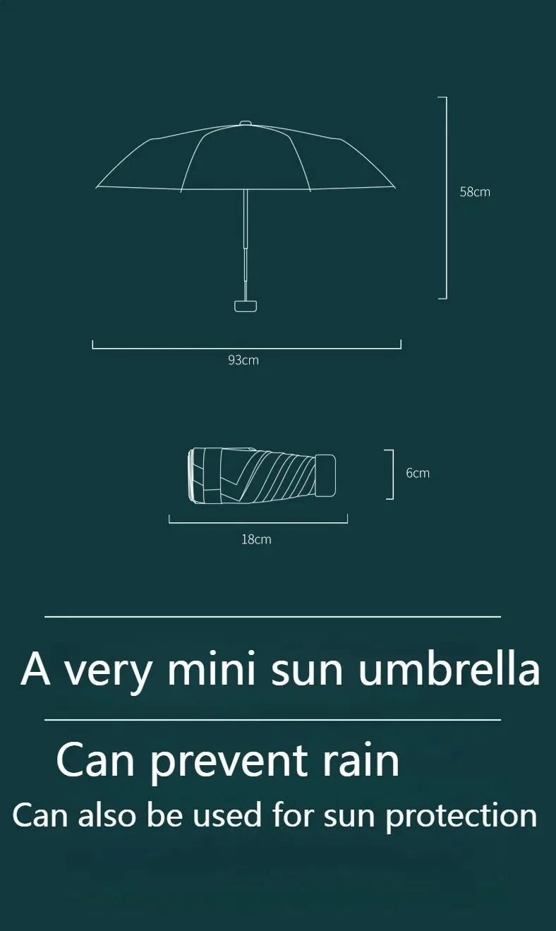 Mini paraguas de bolsillo para lluvia, sombrilla plegable de vinilo con protección ultravioleta UV, parasol de bolsillo, cáps