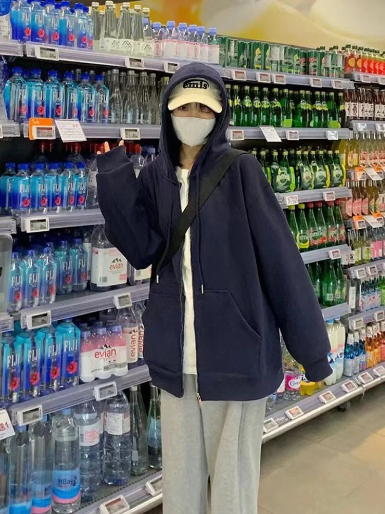 Korean Fashion Zipper Hood Sweatshirt Women Autumn Long Sleeve Tops Casual Y2K Hoodies Streetwear Harajuku Loose Jackets Coat