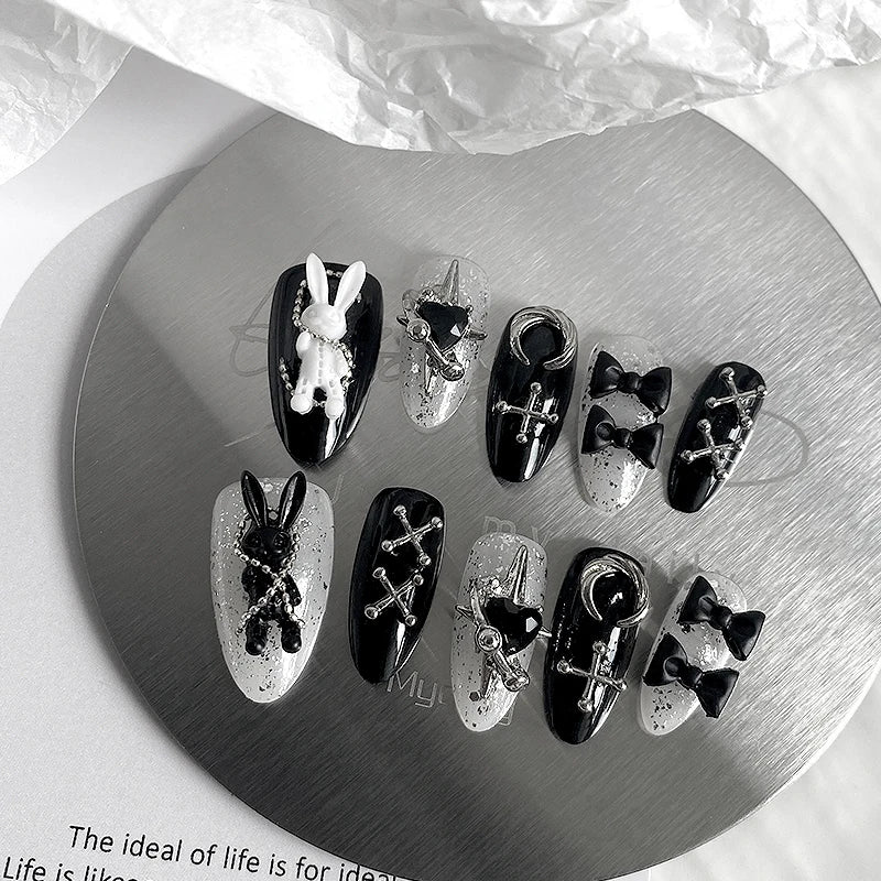 Halloween Black & White Bunny Press-On Nails – 10pcs Handmade Almond Shaped Fake Nails for Women