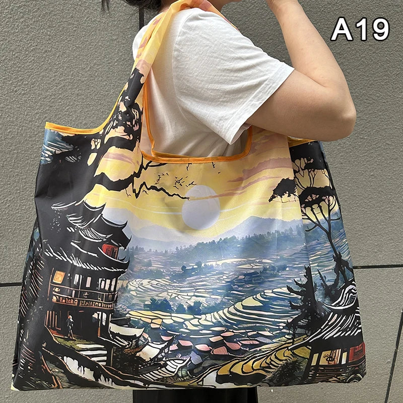 Foldable Nylon Shopping Tote Bag – Reusable Grocery & Travel Shoulder Bag
