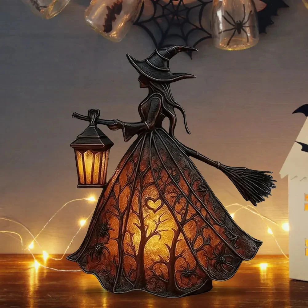 Halloween Witch Lantern LED Night Light – Gothic Resin Statue with Broom for Spooky Home Decor