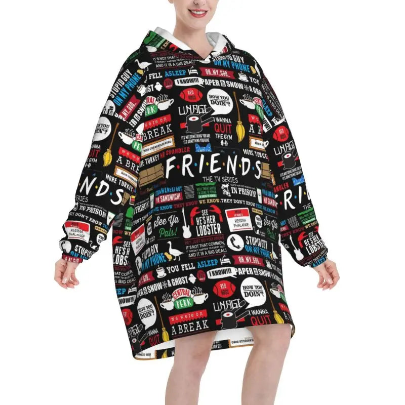Classic TV Show Central Perk Friends Print Wearable Blanket Hoodie Oversized Sweatshirts Warm Cozy Flannel Fleece Sherpa Blan