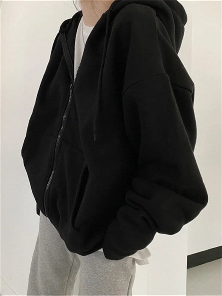 Korean Fashion Zipper Hood Sweatshirt Women Autumn Long Sleeve Tops Casual Y2K Hoodies Streetwear Harajuku Loose Jackets Coat