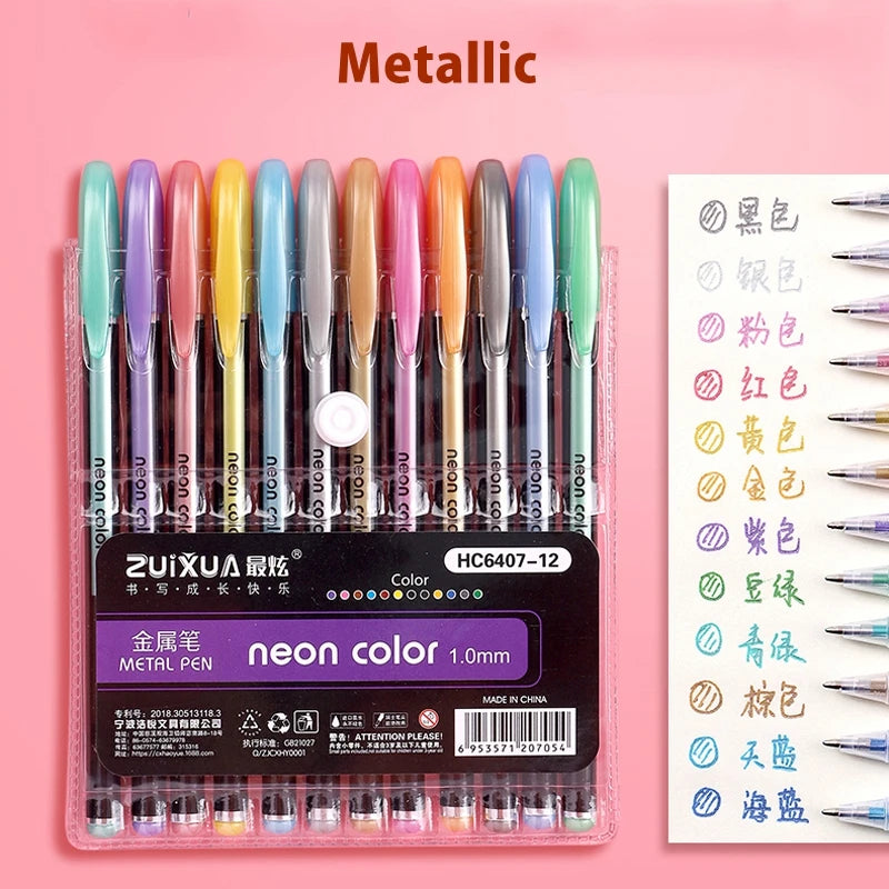 Kissbuty Glitter, Metallic, Pastel & Highlighter Gel Pens – 1.0mm Coloring Pens with Refills for Journaling, Art & Adult Colouring Books (12pcs)