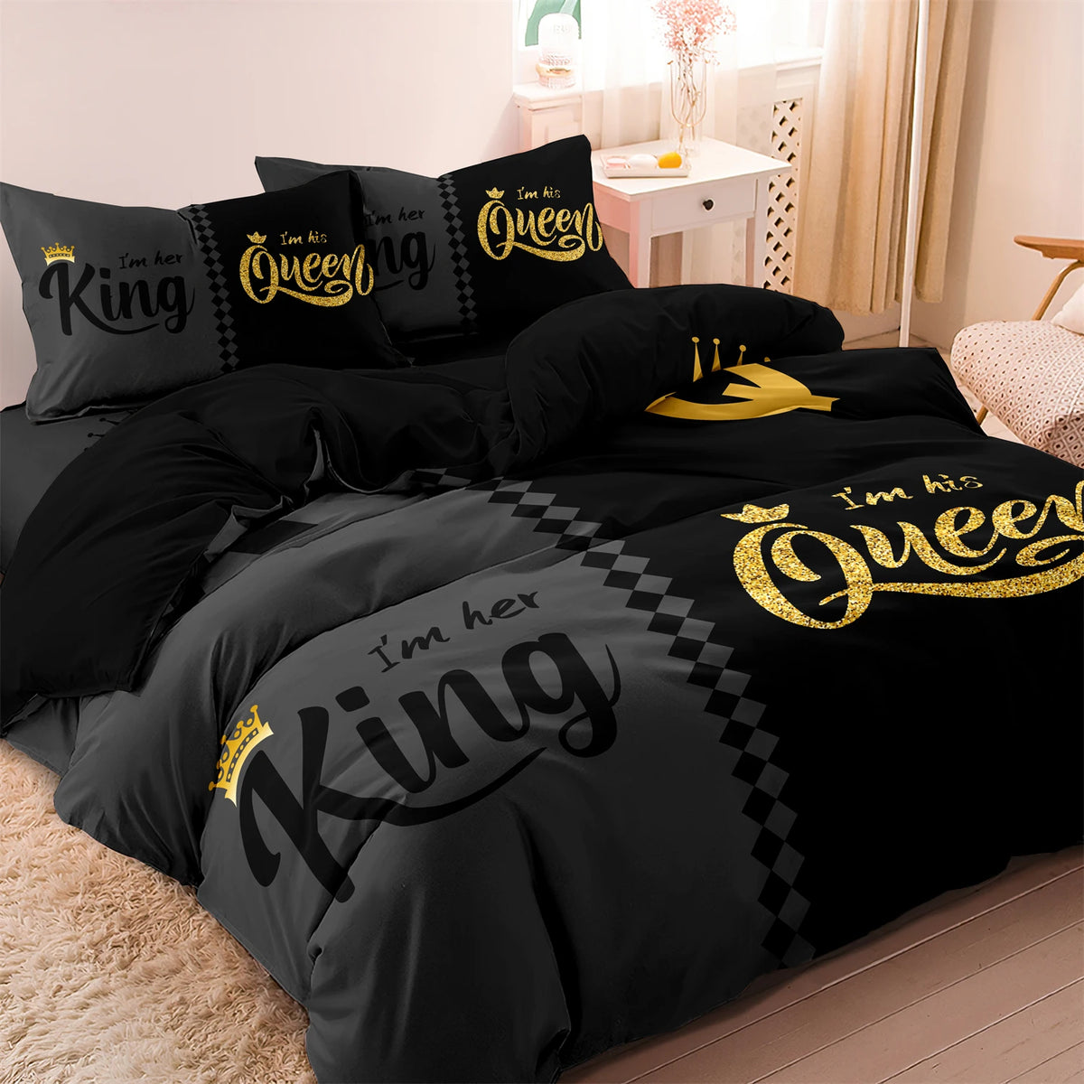 3pcs Fashionable Black Gray Queen & King Crown Printed Bedding Set Duvet Cover Soft Comfortable And Breathable, Bedroom, Hote