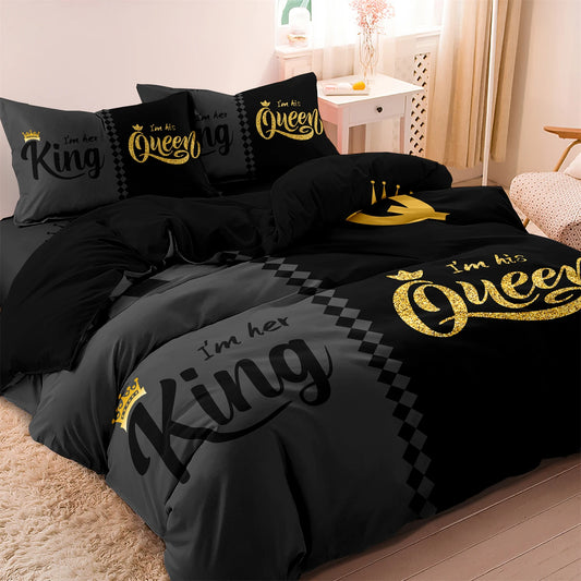 3pcs Fashionable Black Gray Queen & King Crown Printed Bedding Set Duvet Cover Soft Comfortable And Breathable, Bedroom, Hote