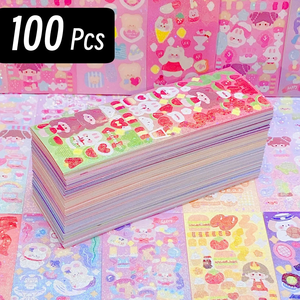 Korean Aesthetic Laser Cartoon Stickers – Cute Holographic Diary & Scrapbooking Stickers, Waterproof & Reusable (20, 60, 100 or 200pcs)