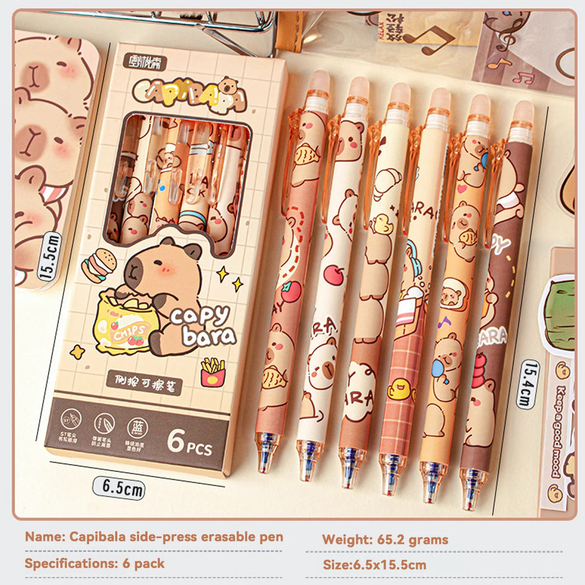 Capybara Erasable Refillable Gel Pens – Smudge-Free 0.5mm Cute Animal Stationery for Students & Office (5- or 6-Pack)