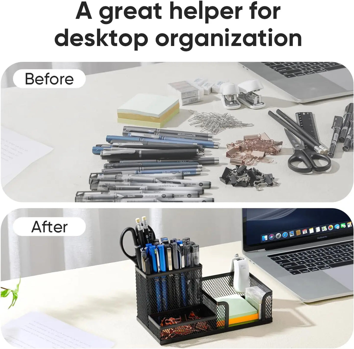 Black Mesh Desk Organiser – 3-Compartment Metal Caddy with Pencil Holder & Storage Baskets for Desktop Organisation (Single o