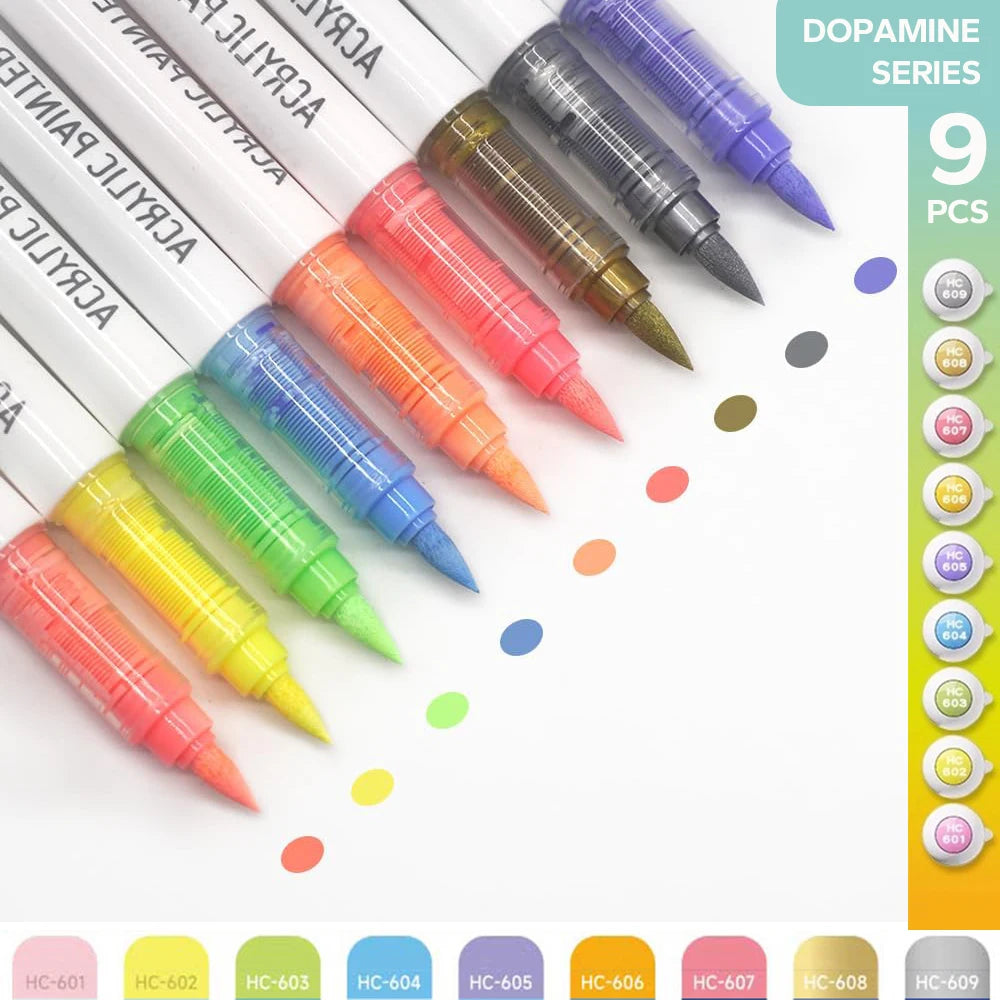 Acrylic Brush Marker Set – 9-Colour Pro Palette Series with Automatic Ink Control for Illustration & Fine Art (9 Series Available)