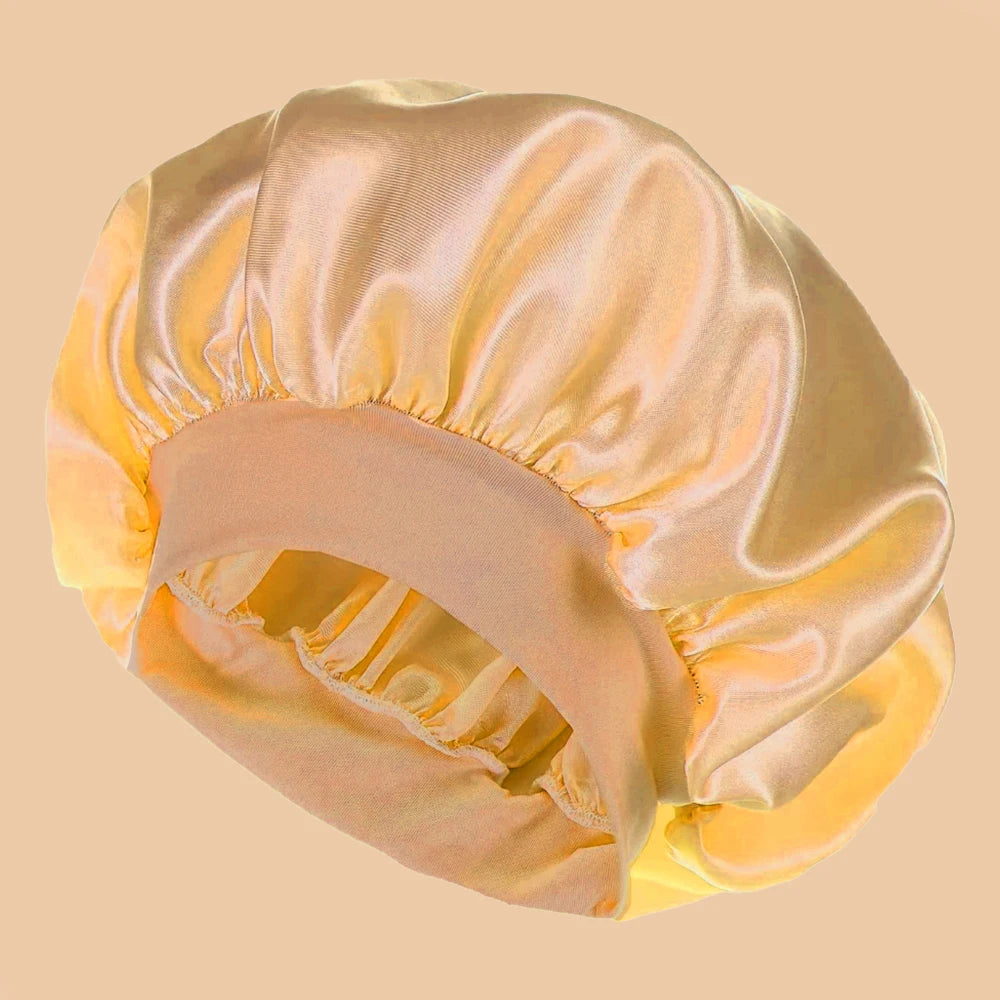 Satin Wide-Brim Shower & Sleep Cap for Women - Solid Color Silk Bonnet for Daily Hair Care