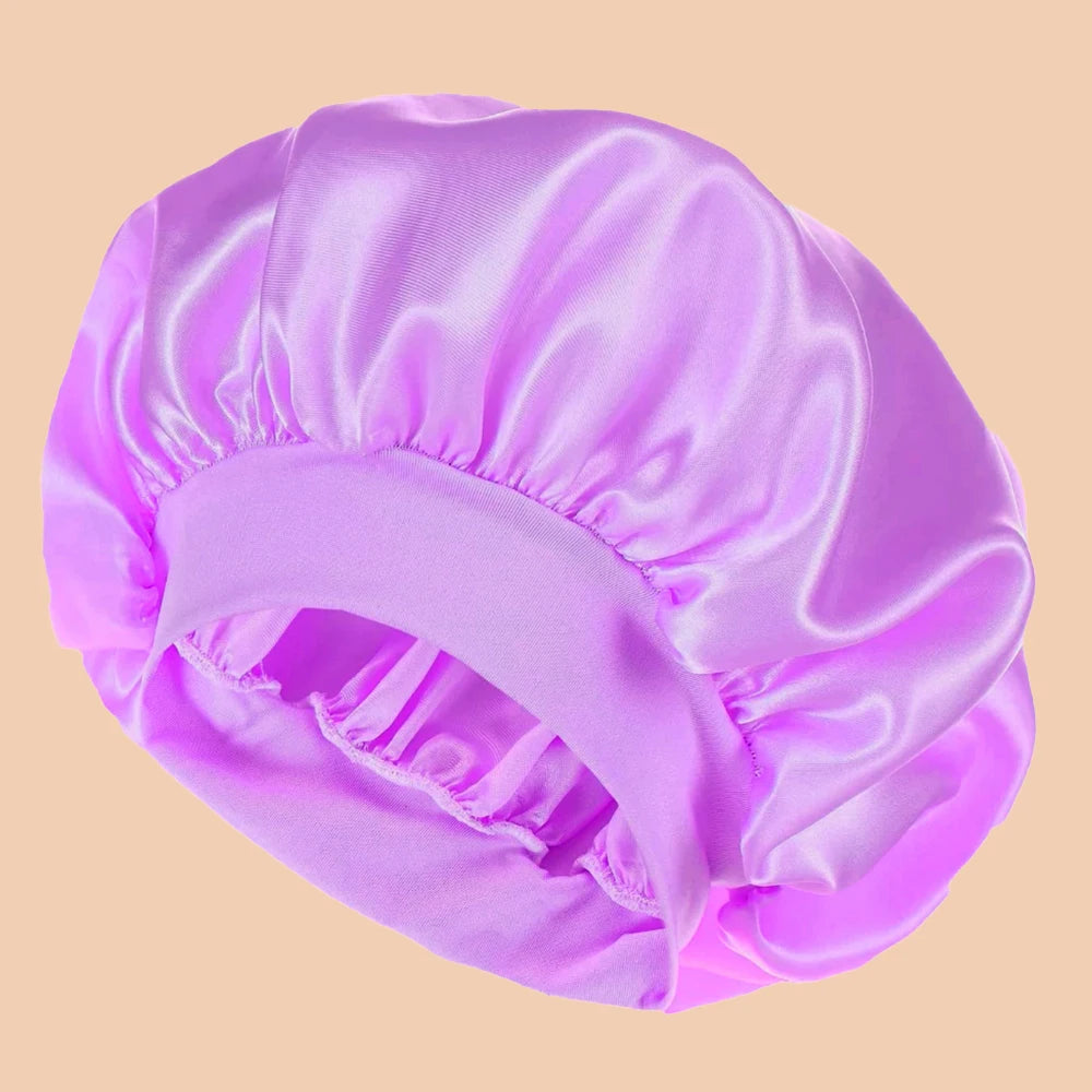 Satin Wide-Brim Shower & Sleep Cap for Women - Solid Color Silk Bonnet for Daily Hair Care