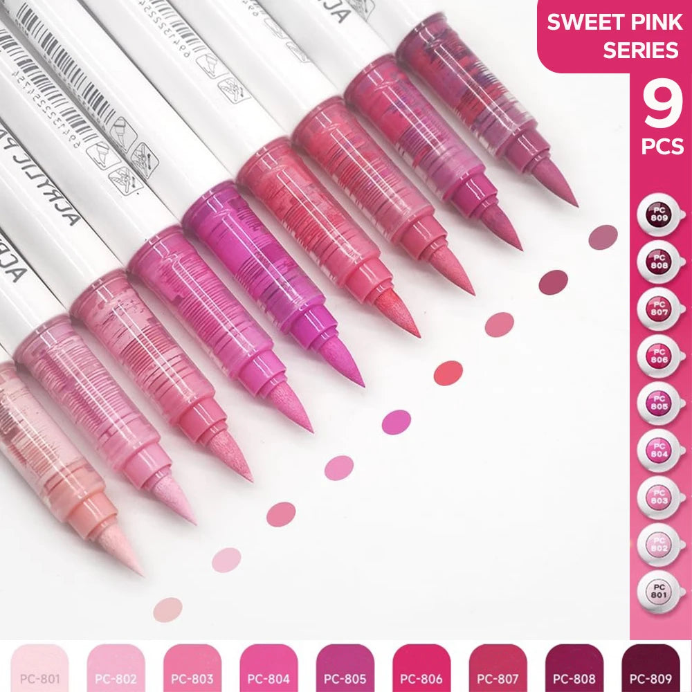 Acrylic Brush Marker Set – 9-Colour Pro Palette Series with Automatic Ink Control for Illustration & Fine Art (9 Series Available)