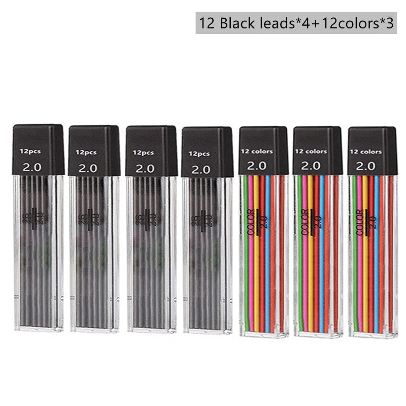 2.0mm Mechanical Pencil Set with 2B Lead Refills – Black & Colour Leads for Writing, Sketching, Drawing & Art (Pencil Sets & Refill Packs)