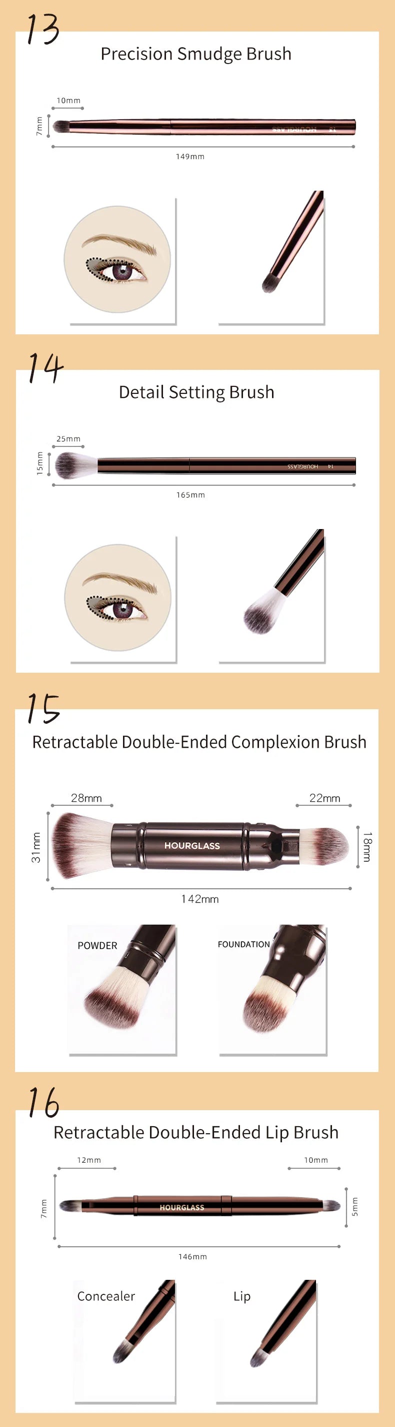 Hourglass Makeup Brush Set – Powder, Foundation, Concealer, Blush, Bronzer & Eyeshadow