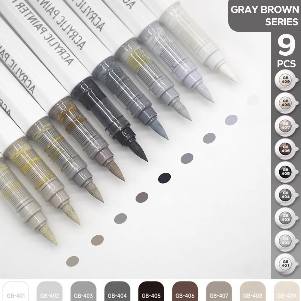 Acrylic Brush Marker Set – 9-Colour Pro Palette Series with Automatic Ink Control for Illustration & Fine Art (9 Series Available)