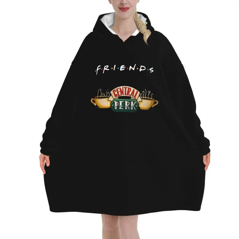 Classic TV Show Central Perk Friends Print Wearable Blanket Hoodie Oversized Sweatshirts Warm Cozy Flannel Fleece Sherpa Blanket