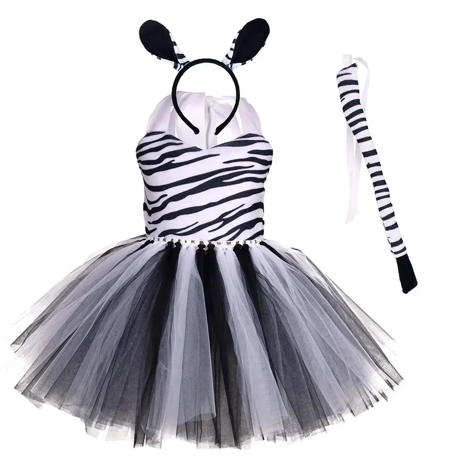 Girls’ Animal Print Tutu Costume Dress – Forest Theme Halloween Cosplay & Dance Performance Set for Kids