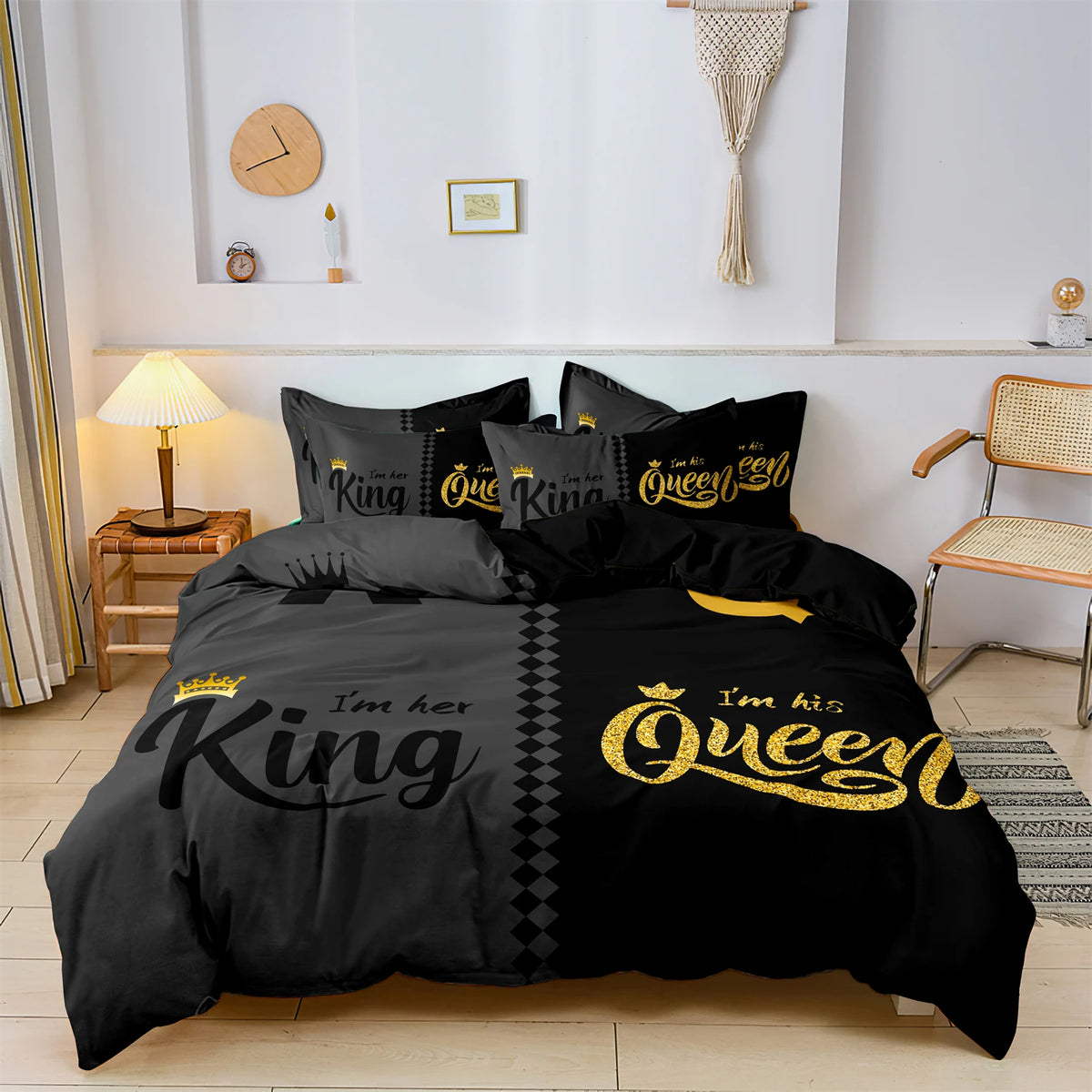 3pcs Fashionable Black Gray Queen & King Crown Printed Bedding Set Duvet Cover Soft Comfortable And Breathable, Bedroom, Hote