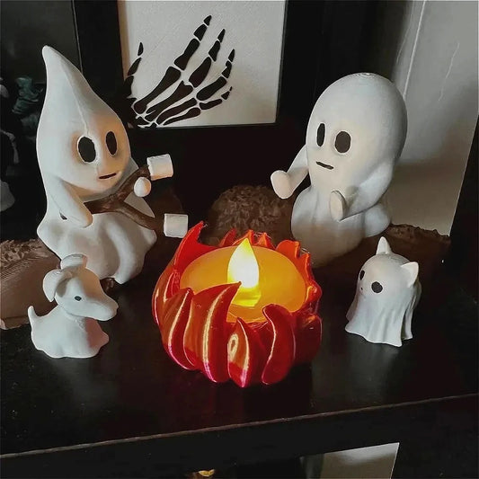 Halloween Ghost Campfire Scene Decor Set – Spooky Outdoor & Indoor Haunted House Props with Dog & Cat Ghost Figures