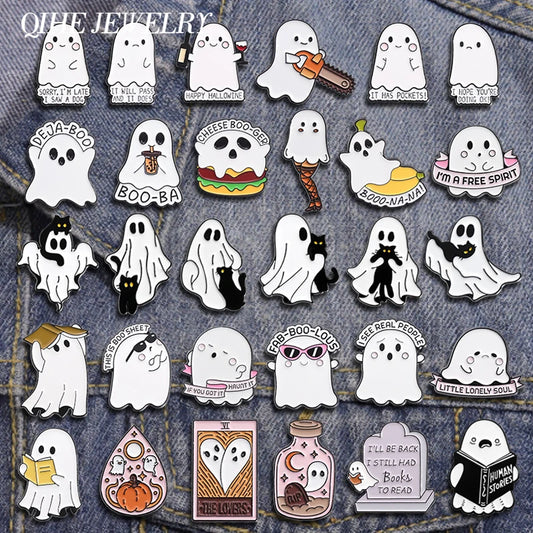 Halloween Punk Enamel Brooch Lapel Pin – Spooky Ghost, Skull & Black Cat Badge Jewelry Gift