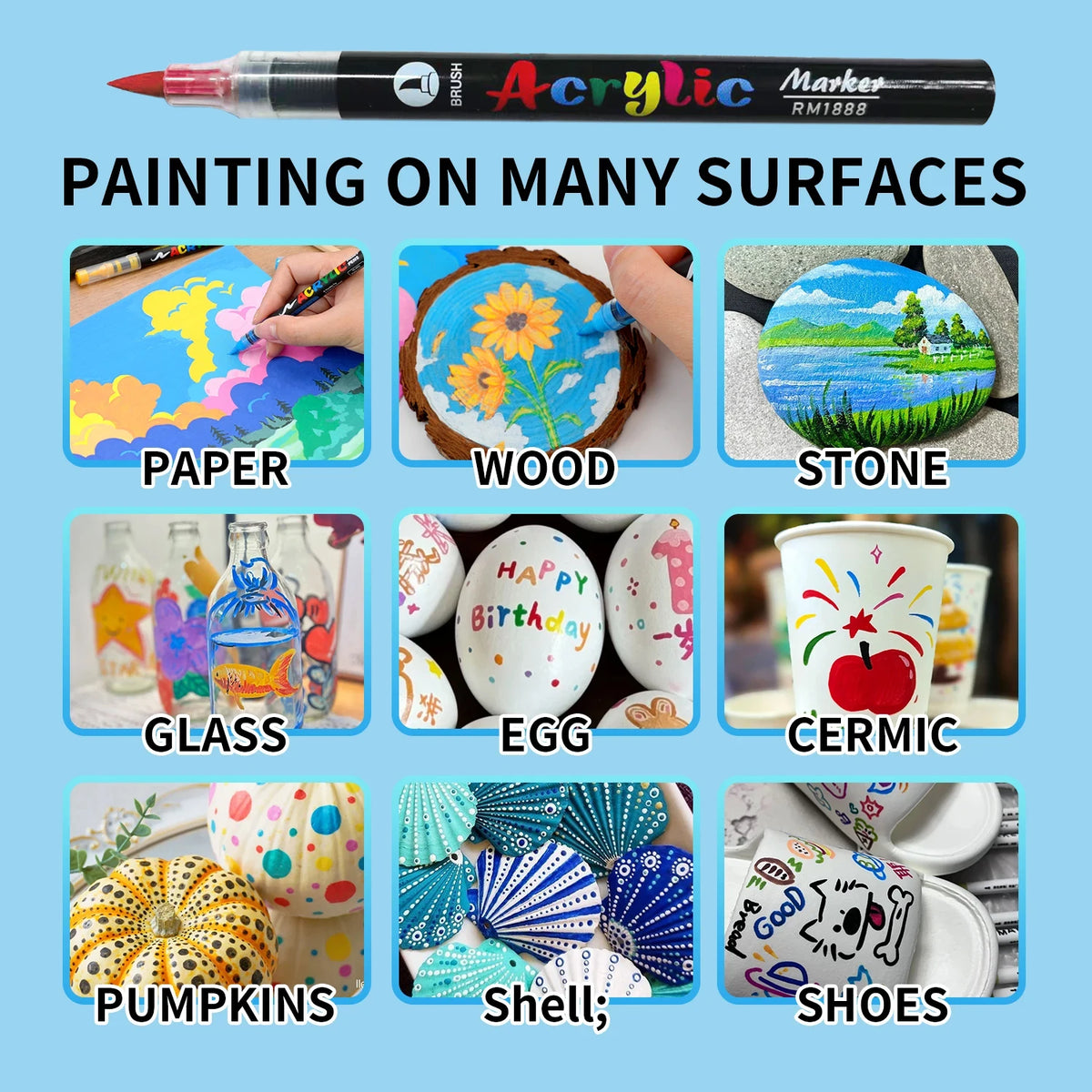Brush Tip Acrylic Paint Markers – Flexible Paint Pens for Rock, Wood, Stone & Glass DIY Crafts (12, 24, 36, 48 or 60 Colours)
