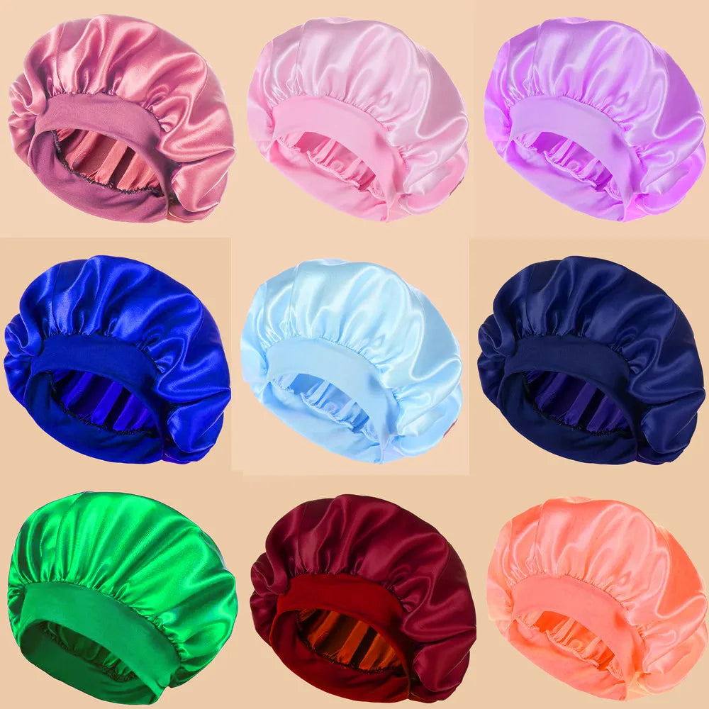 Satin Wide-Brim Shower & Sleep Cap for Women - Solid Color Silk Bonnet for Daily Hair Care