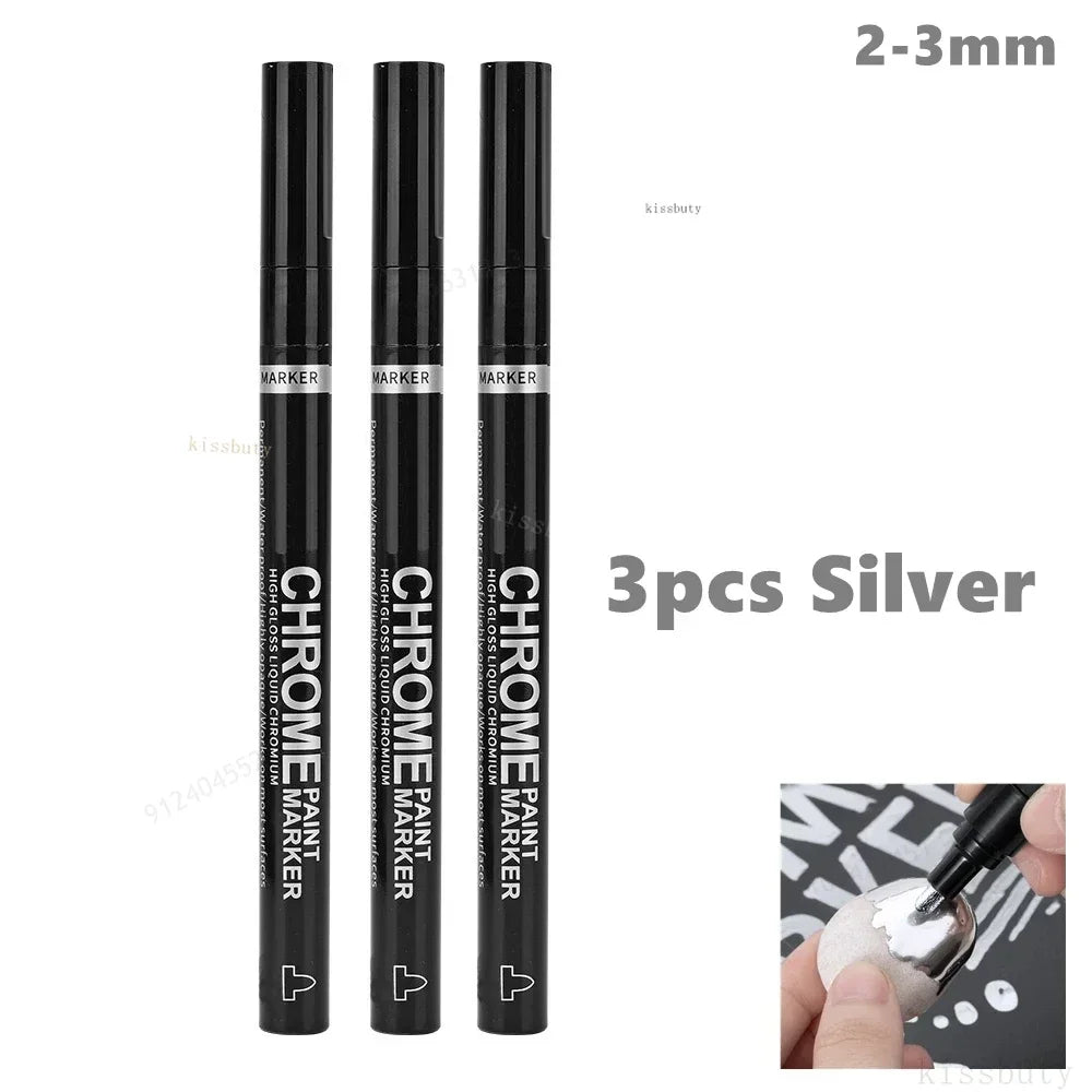 Chrome Mirror Marker Pens – 2mm Reflective Silver & Gold Paint Markers for Car Styling, Art & DIY Crafts (1, 2 or 3-Pack)