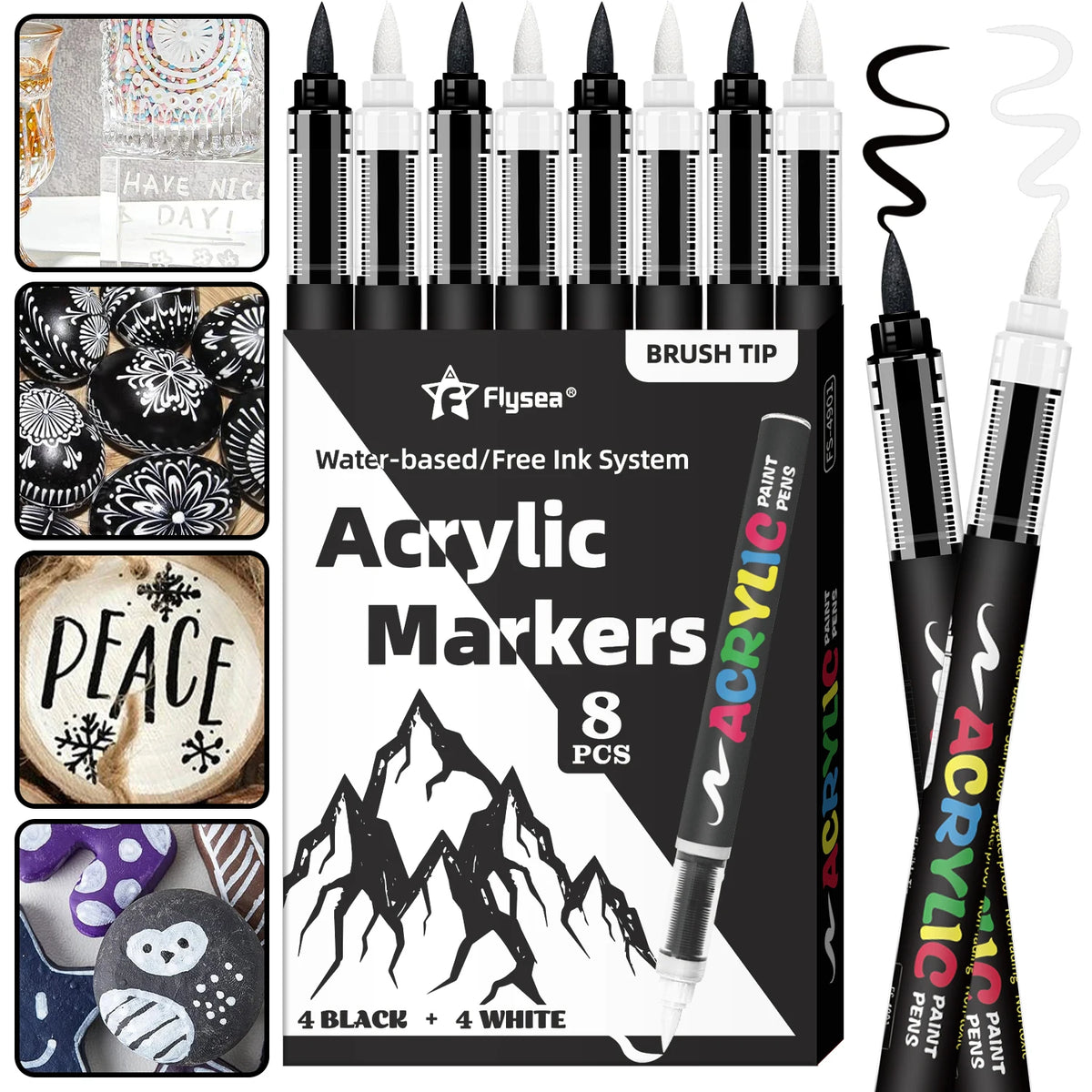 Flysea Black & White Acrylic Paint Markers – Large Ink Capacity 8-Pack for Illustration, Sketching, Wood, Glass & Fabric (All