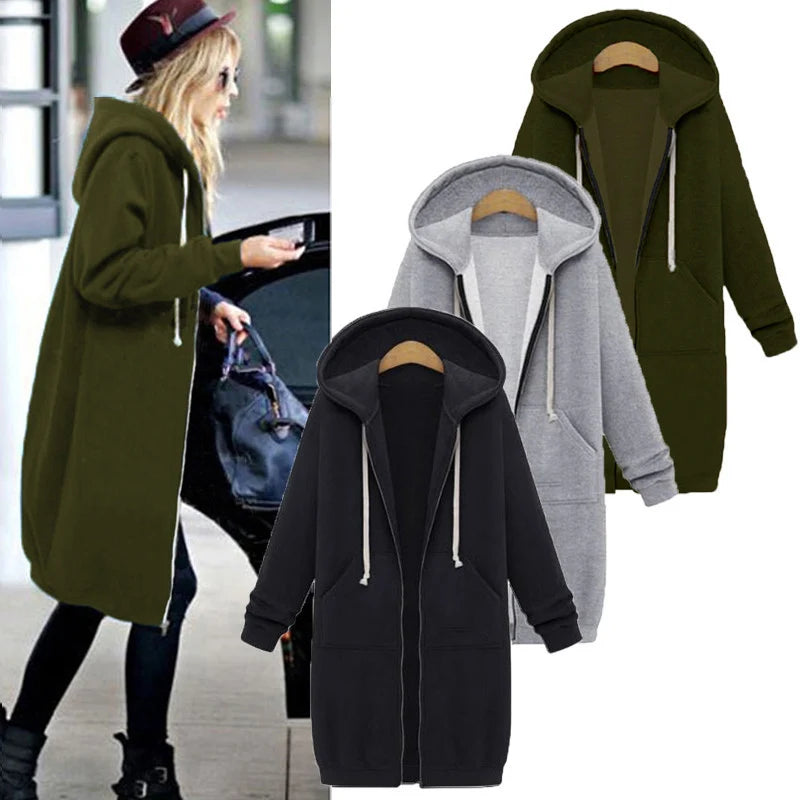 2024 Women's Autumn Winter ThickenHoodies Parkas Loose Hooded Jackets Zipper Pocket Maxi Size Sweatshirt Sports Dresses Outwe