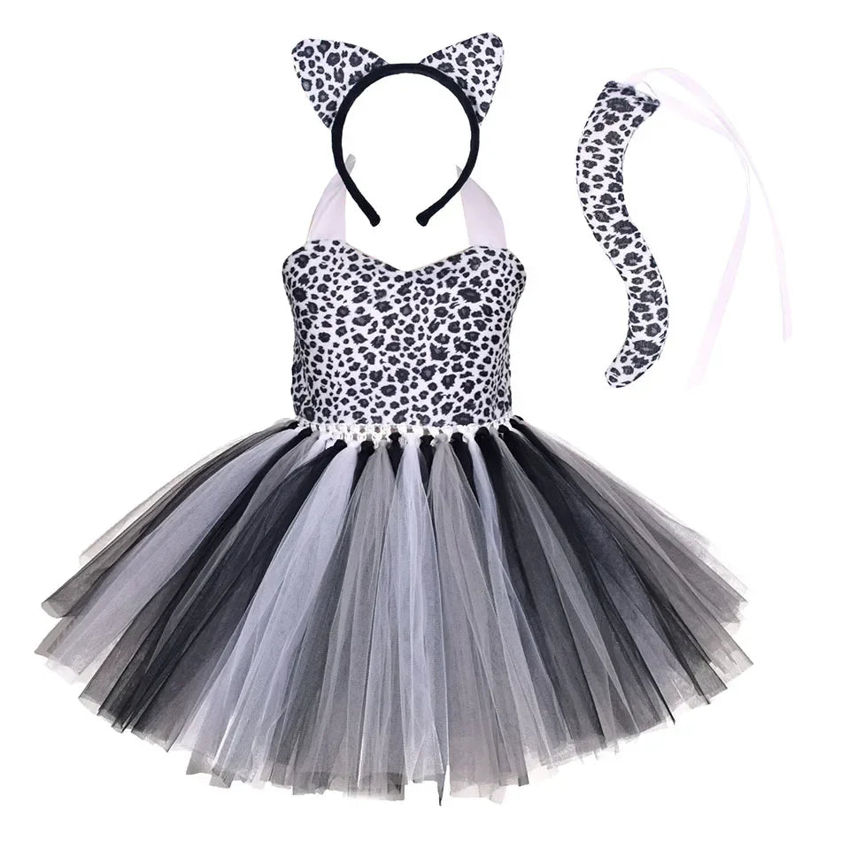 Girls’ Animal Print Tutu Costume Dress – Forest Theme Halloween Cosplay & Dance Performance Set for Kids